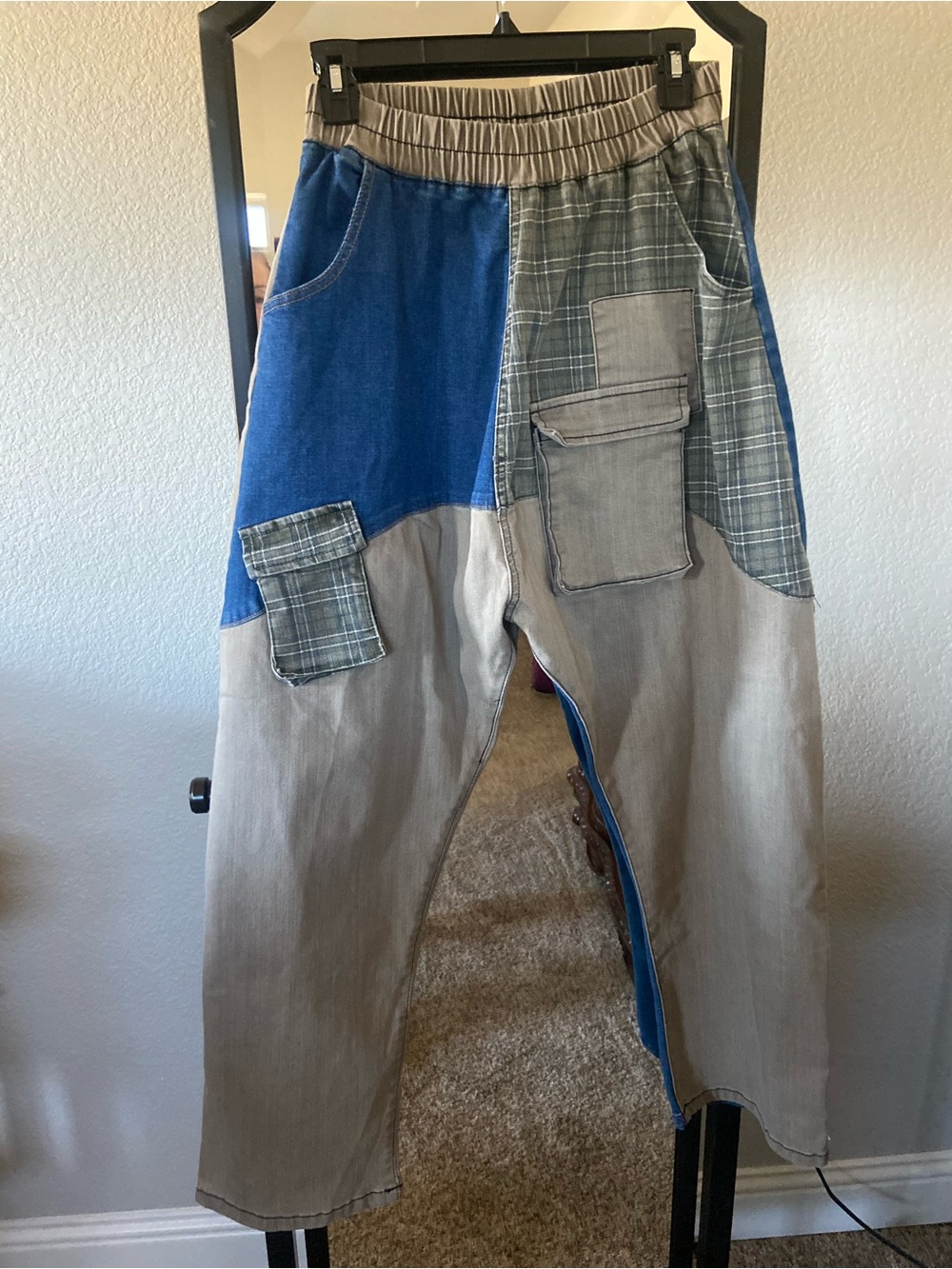 Wide Leg Patchwork Pants in Blue and Gray - Women's Casual Style